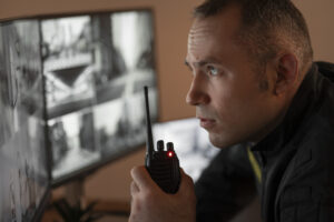 Security guard with ratio sitting at computer